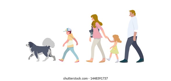 Happy family in the park. Father, mother, son and a dog together in nature. Vector illustration in cartoon style sit 