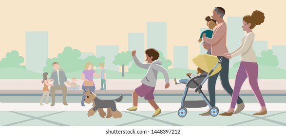Happy family in the park. Father, mother, son and a dog together in nature. Vector illustration in cartoon style 