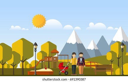 Happy Family in The Park Flat Style Vector Illustration Eps10