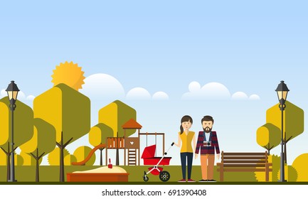 Happy Family in The Park Flat Style Vector Illustration Eps10