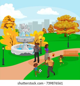 Happy family in park with fountain, boys and girls playing outdoors around garden waterfall, casual people in vacation vector illustration