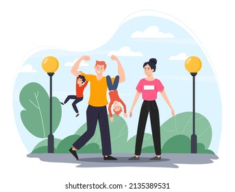 Happy family in park. Man and woman with children on street. Active recreation and joint entertainment for weekend. Good relationship, parents and kids outdoor. Cartoon flat vector illustration