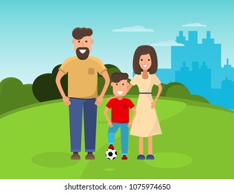 Happy family in park. Mother, Father and boy with soccer ball. flat vector illustration