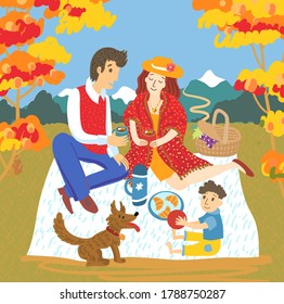 Happy family in park. Mother, father, son and dog eat outside.