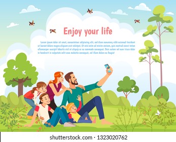 Happy family in the park taking selfie on a sunny day. Poster, card family day. Concept of friendly family and Parenthood child-rearing taking selfie walking with kids in nature. Vector cartoon.