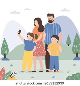 Happy family in the park taking selfie on a sunny day. Poster, card for family day. Concept of friendly family. Parents taking selfie walks with children in nature. flat vector illustration
