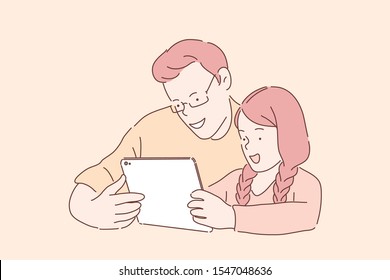 Happy family pastime concept. Father and daughter watching video on tablet, brother and sister playing online game, cheerful siblings, teenagers enjoying gadget gaming. Simple flat vector