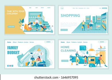 Happy Family Pastime Together At Home, Going Shopping At Shop Mall. Husband And Wife Discussing Planning Common Budget For Month Or Year. Home Cleaning. Landing Page Set. Vector Cartoon Illustration