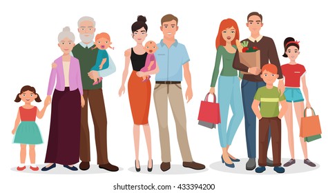 Happy family people with baby kid set. Cartoon family couples standing together