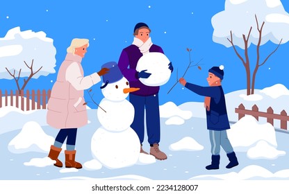 Happy family people build snowman in winter snow scenery vector illustration. Cartoon mother, father and child play in house yard, boy holding tree branch to make snowman with parents together