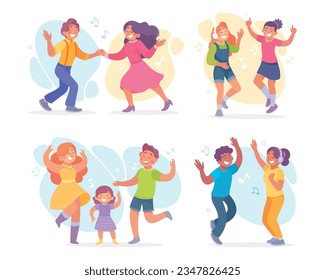 Happy Family and People Dancing Together with Kid Vector Set