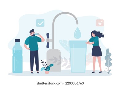 Happy Family, People Drinking Clean Tap Water, Filter Purifying Liquid From Pipe. Drinking Water In Glass. Healthy Lifestyle. Pure Bottled Aqua. Drinkable Stream. Flat Vector Illustration