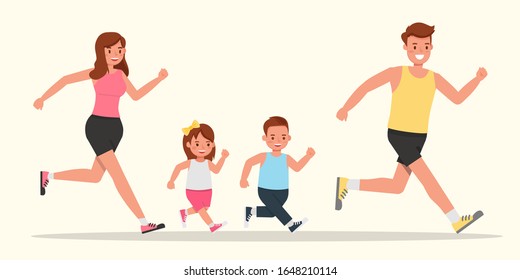 Happy family people Father, mother, daughter and son are running character vector design.