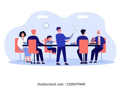 Happy family people gathering for festive dinner together. Adults and kids dining, sitting at table flat vector illustration. Holiday, lifestyle concept for banner, website design or landing web page