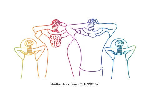 Happy family. People keep their hands on their heads. Back view. Rainbow color. Sketch vector illustration.