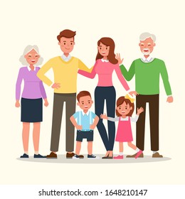 Happy family people mother, father, grandparents and children together character vector design.