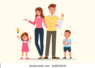 Felices familias, padres y niños juntos, diseño vectorial de carácter.