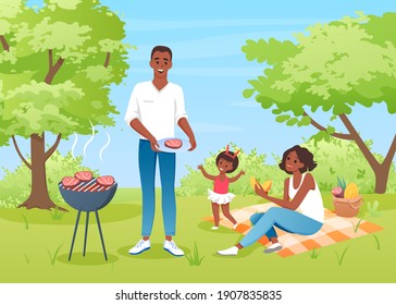 Happy Family People On Bbq Picnic Vector Illustration. Cartoon Dad Grill Meat, Cooking Grilled Beef Steaks, Mother Father And Girl Characters Have Fun Together, Enjoy Food And Summer Nature Background