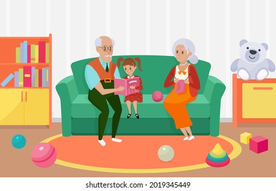 Happy family people read book vector illustration. Cartoon grandmother grandfather granddaughter child characters reading story book together, sitting on sofa in home nursery room with toys background