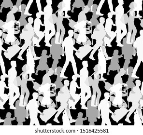 Happy family people silhouette black and white seamless pattern