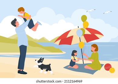 Happy family people in summer sand beach landscape vector illustration. Cartoon seaside leisure of mother, father and children with pet dog. Travel, family holiday vacation on sea coast concept