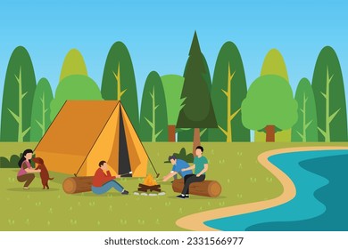 Happy family with pet camping together in nature 2d vector illustration concept for banner, website, illustration, landing page, flyer, etc.