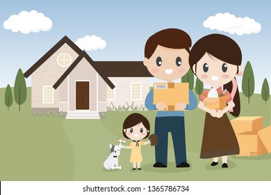 happy family with pet dog moving to new home