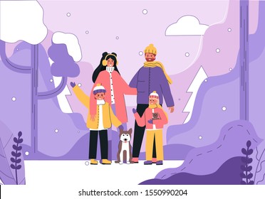 Happy family with pet walking in the Park in winter. Vector illustration in flat cartoon style in trendy, modern color.