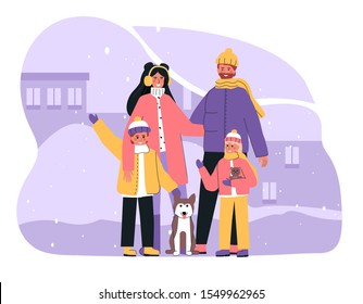 Happy family with pet walking in the сity in winter. Vector illustration in flat cartoon style in trendy, modern color.
