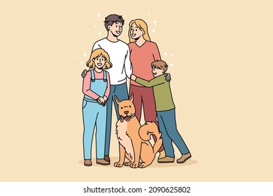 Happy family and pets concept. Smiling loving family father mother and children standing embracing each other with their dog during walk vector illustration 