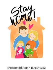 Happy family with pets home. Stay home - concept of coronavirus quarantine. Virus outbreak. Coronavirus COVID-19  in China. Vector cartoon background.