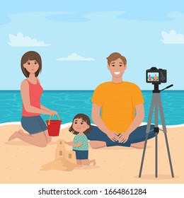 Happy family is photographed on the beach in the summer. Cute vector illustration in flat style. Summer beach concept