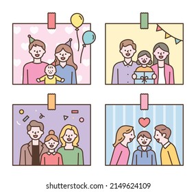 Happy family photos celebrating a child's birthday. Characters with cute faces with outlines. flat design style vector illustration.