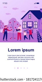 Happy family picking apples. Country house, tree, garden flat vector illustration. Harvest, orchard, fruits concept for banner, website design or landing web page