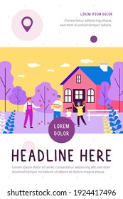 Happy family picking apples. Country house with trees and garden, flat vector illustration. orchard fruit harvest concept for banner, website design or landing web page