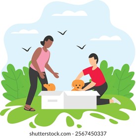 Happy Family Picking Up Doggy and Puppy from Box concept, bonding and having fun at picnic vector design, Pet foster and hotel Symbol, kennel animals Sign, Human-animal interaction scene illustration