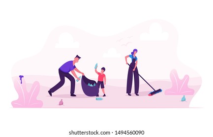 Happy Family Picking Up Litter on Beach or City Park During Cleanup. Mother Father and Son Volunteers Collecting Trash to Bag, Environmental Pollution Problem. Cartoon Flat Vector Illustration