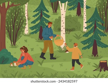 Happy family picking mushroom in forest vector illustration