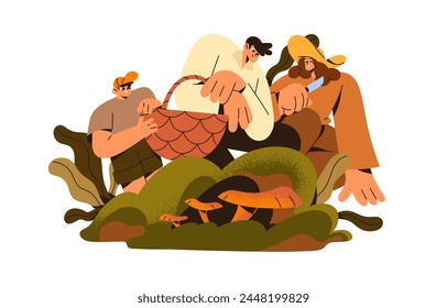 Happy family picks edible mushrooms together in autumn wood. Parents with kid collect chanterelles in basket. Mushroomers gather harvest of fall forest. Flat isolated vector illustration on white