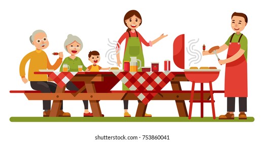 Happy family picnic barbecue grill in outdoor modern flat style vector illustration