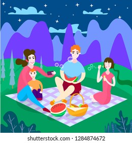 Happy family at a picnic. Evening, night, stars. Vector illustration in cartoon style.