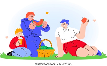 Happy family picnic flat illustration. Two moms and a son eating together in the park