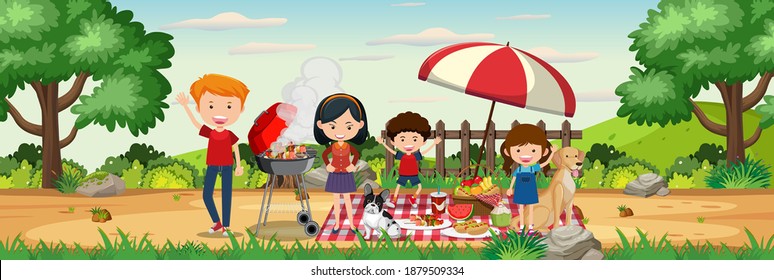 Happy family picnic in the garden horizontal landscape scene at day time illustration