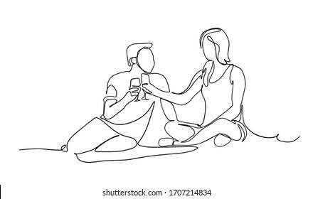 Happy family picnic one line continuous drawing  Vector couple and food  snacks   meals  People relaxation   refreshing sit the garden 