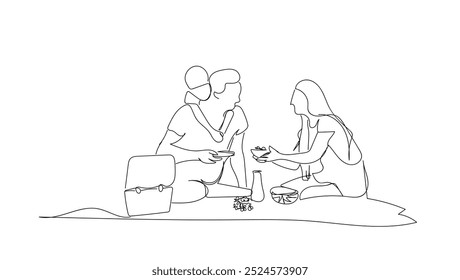 Feliz piquenique em família uma linha desenho contínuo. Casal vetor com comida, lanches e refeições. As pessoas relaxam e se refrescam sentam no jardim. Vetor feito à mão não AI.
