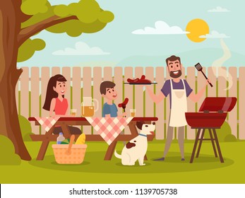 Happy family at a picnic is preparing a barbecue grill outdoors. Vector illustration in a flat style