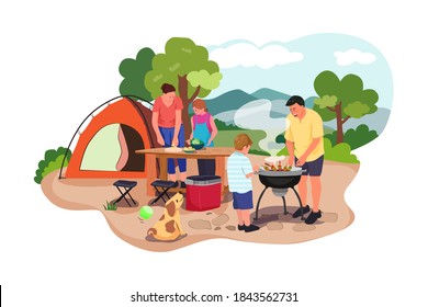 Happy family at a picnic is preparing a barbecue grill outdoors. Flat illustration isolated on white background.