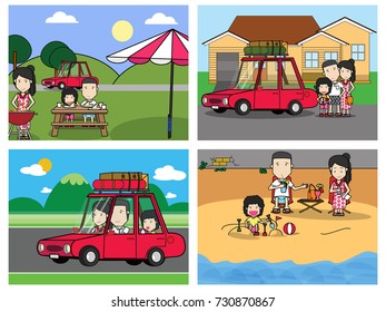 Happy Family with Picnic travel. Vector Illustration with Flat Design.