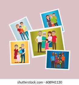 Happy family pinned portraits set. Smiling parents and grandparents with children and celebrating kids birthday with friends flat vector illustrations. Memorable moments of family history concept