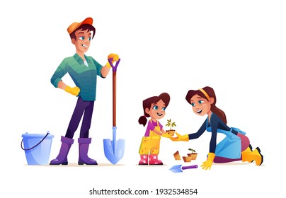 Happy family plant flowers isolated cartoon mother, father and daughter with gardening tools. Vector parents and child spend time together, mom and girl in apron and rubber gloves, leisure time